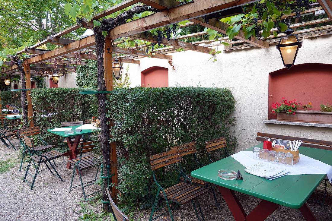 Gemütlicher Gastgarten mit Weinlaube und Laternen